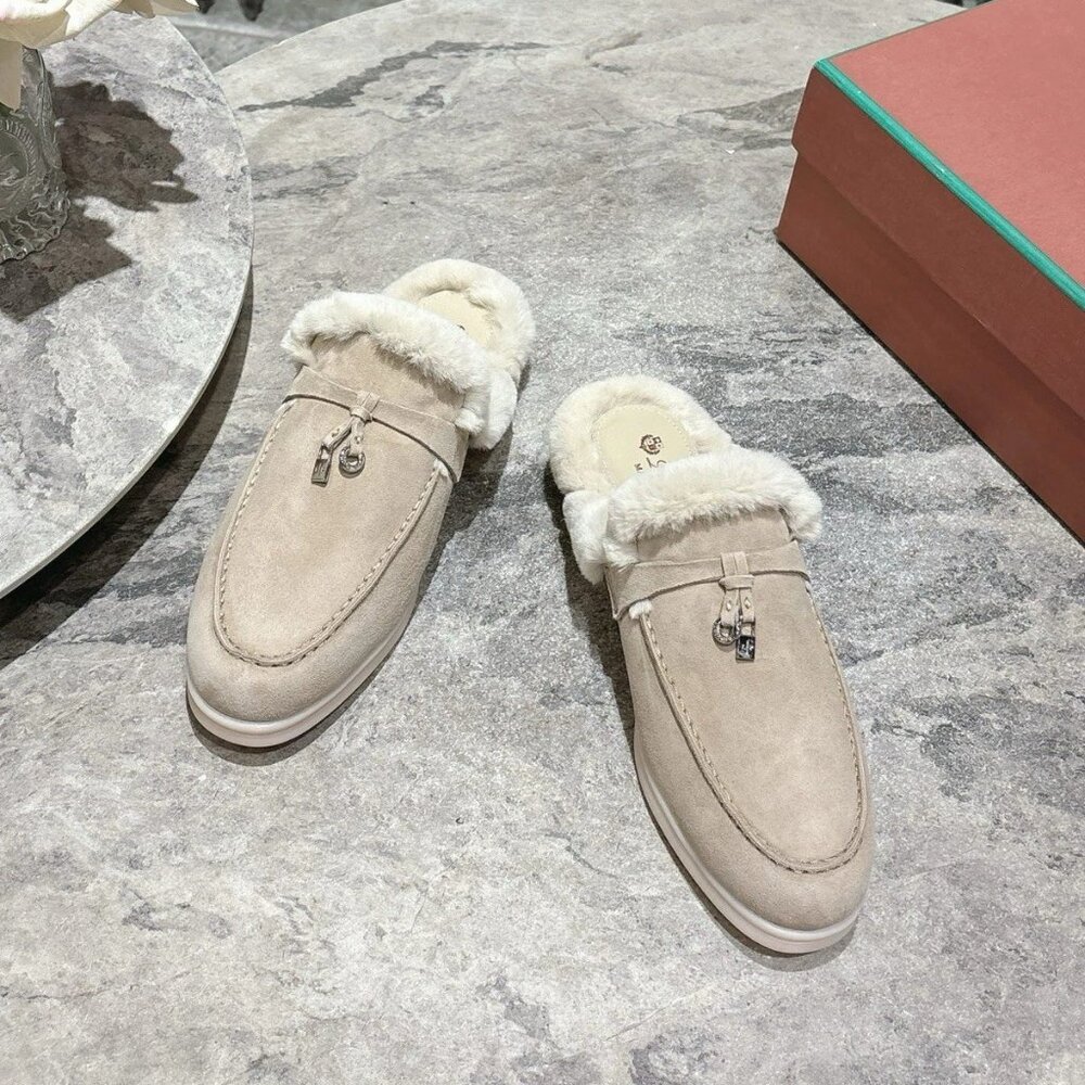 Loro Piana leather plush slippers for women